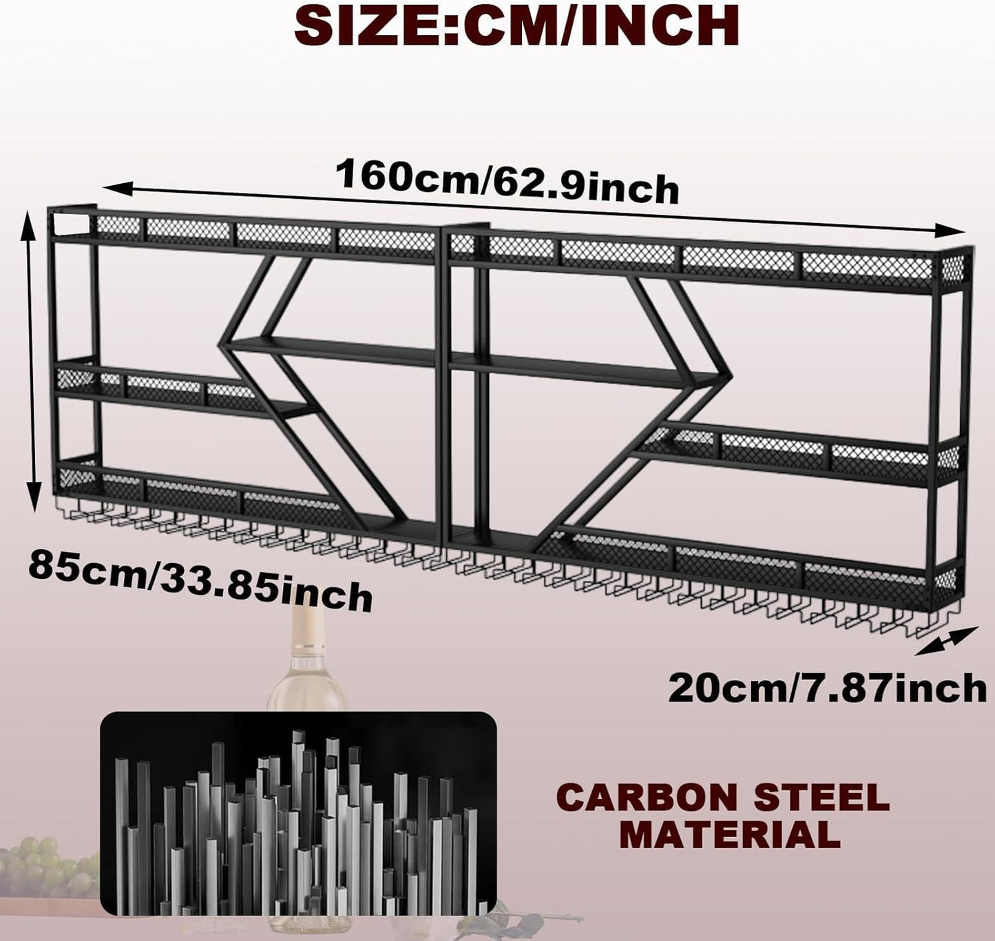 Metal Wine Rack Wall Mounted, Modern Wine Storage Rack Wall Mounted with Wine Glass Holder, Liquor Shelf, Bar Shelves for Liquor Bottles (3TIERS Gold, 78.7 * 7.87 * 33.85INCH)