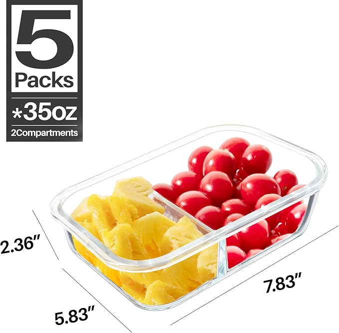 BAYZZ 5 Pack 35 Oz Glass Meal Prep Containers 2 Compartments, Glass Storage Containers with Lids, Airtight Lunch Bento Boxes, BPA-Free, Microwave and Freezer Safe,Green