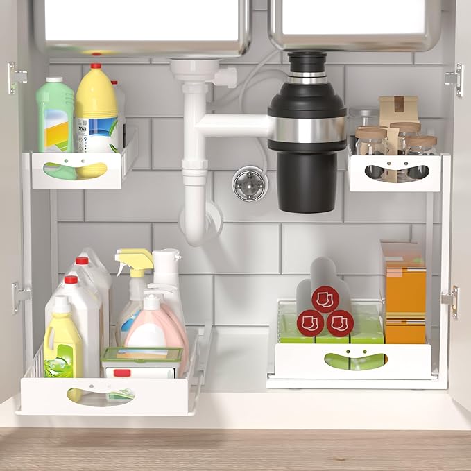 Under Sink Organizer with Pull-Out Drawers,Kitchen Sink Organizer,2 Tier Bathroom Organizers And Storage,Bathroom Accessories Set,White 1 Pack