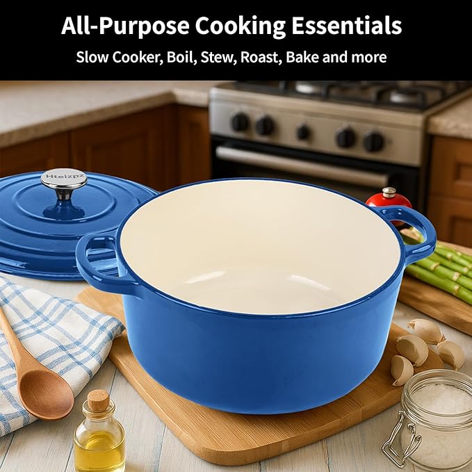 Enameled Cast Iron Dutch Oven Pot with Lid, 5.7 Quart Dutch Oven for Bread Baking, Oven Safe up to 500° F, Suitable for Bread Baking, Braising, Roasting, Stews, Blue