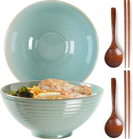 NUTRIUPS Set of 2 Ceramic Ramen Bowls with Spoons & Chopsticks, 40oz Large Soup Bowls for Udon, Miso, Noodles (Mossy Glaze)