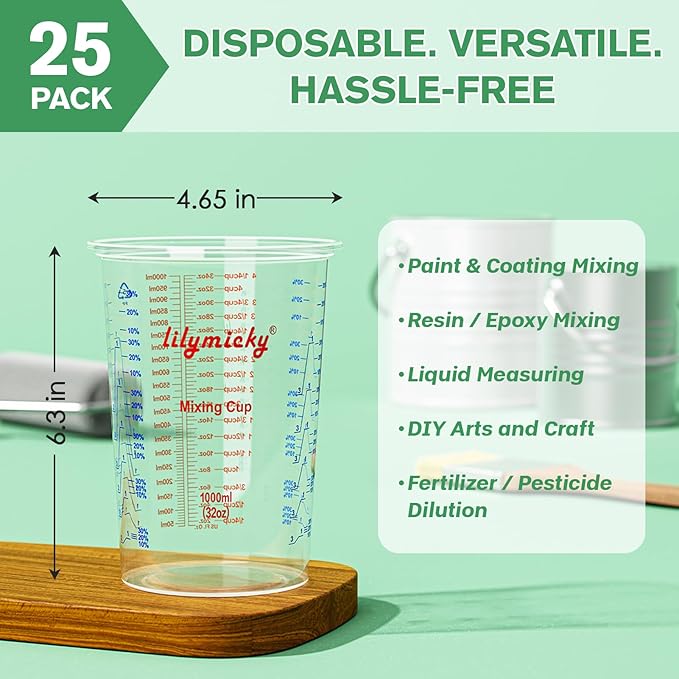 25 PACK Plastic Measuring Cups, 32 oz (1000ml) Disposable Mixing Cups, Measurement ratios: 2:1, 3:1, 4:1, Perfect for Epoxy Resin, Paint Mixing, Art DIY