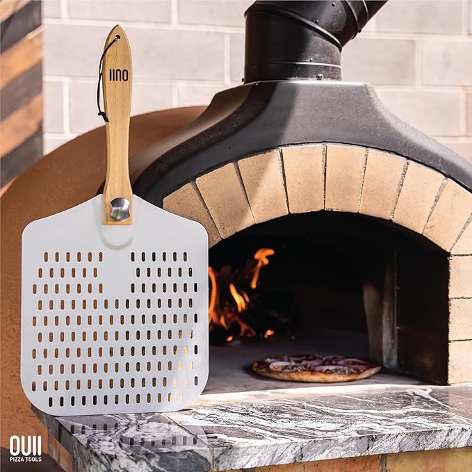 Perforated Pizza Peel 12 x 14 Inch. Paddle Spatula with Foldable Handle - Pizza Cutter Rocker 14'' Blade. Pizza Stone Oven Accessories and Chopper Knife Tools
