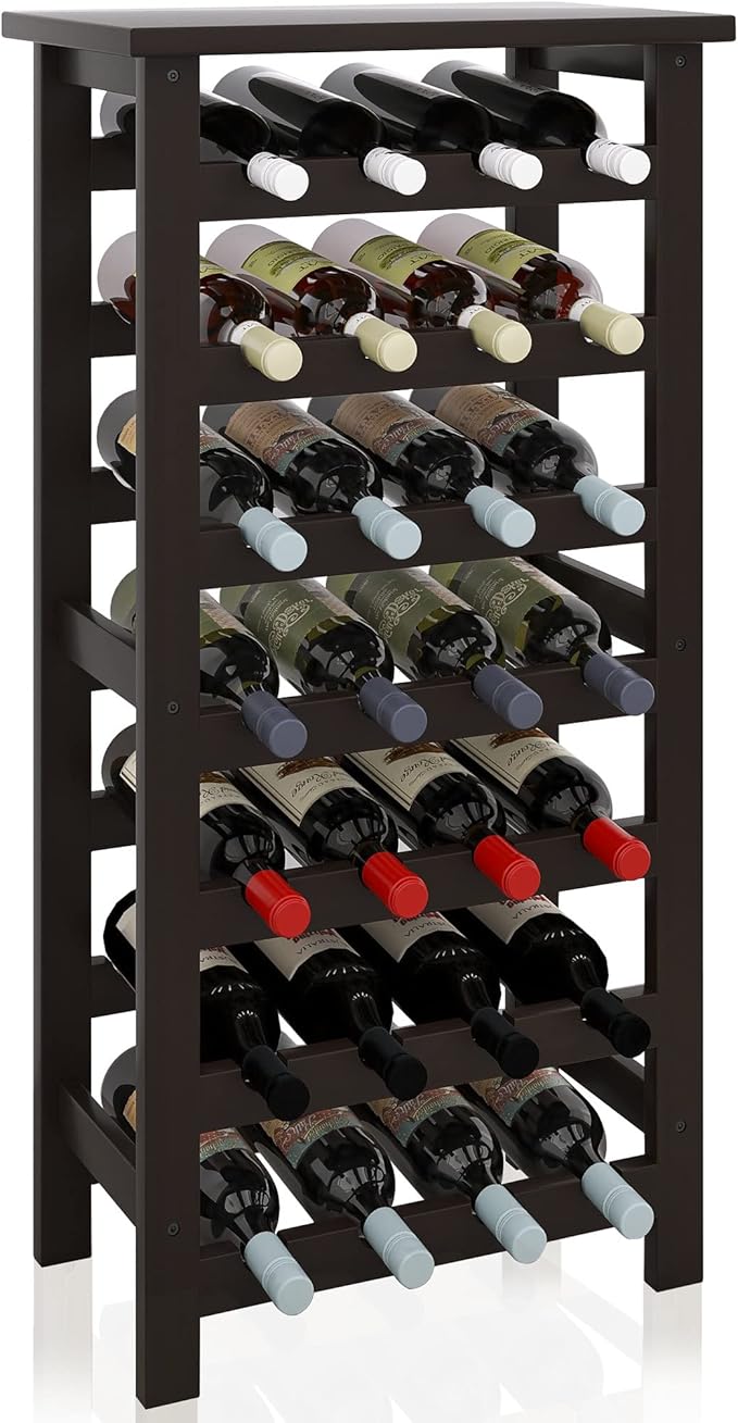 SMIBUY Bamboo Wine Rack, 28 Bottles Display Holder with Table Top, 7-Tier Free Standing Storage Shelves for Kitchen, Pantry, Cellar, Bar (Dark Brown)