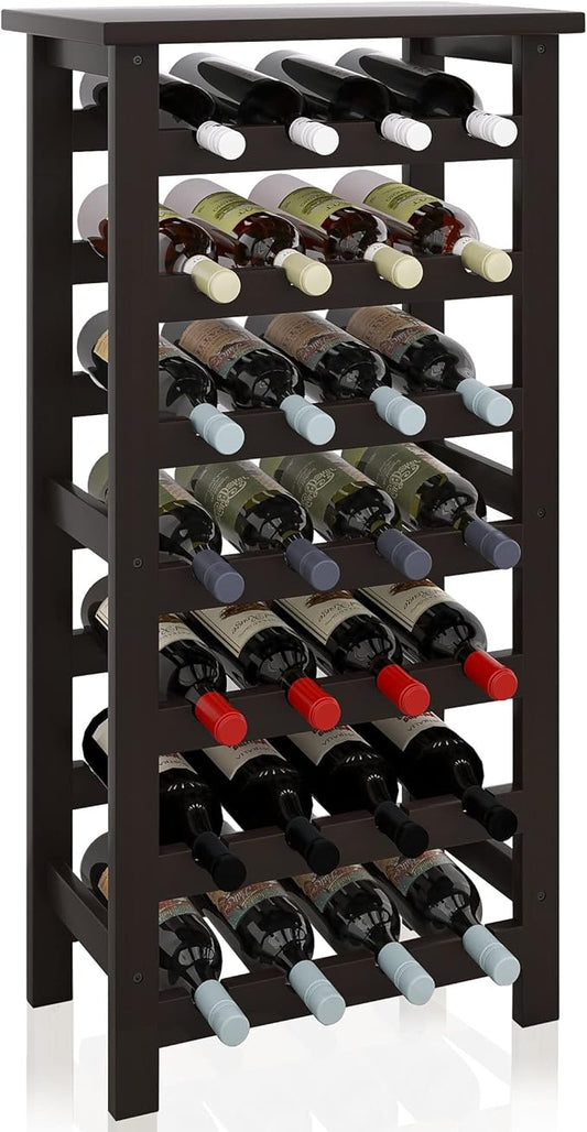 SMIBUY Bamboo Wine Rack, 28 Bottles Display Holder with Table Top, 7-Tier Free Standing Storage Shelves for Kitchen, Pantry, Cellar, Bar (Dark Brown)