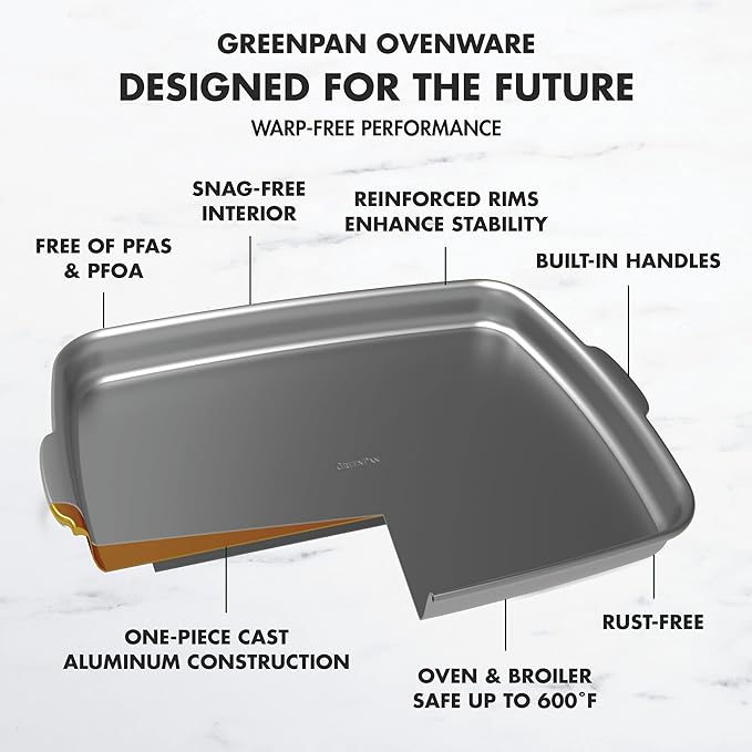 GreenPan Premiere Ovenware Healthy Ceramic Nonstick 4 Piece Bakeware Set, PFAS-Free, Rectangular, Square, Quarter, Half Sheet Baking Pans, Warp-Free, Oven Safe to 600F, Dishwasher Safe, Gray