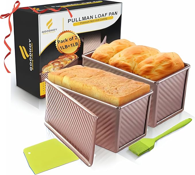1lb+1lb set Nonstick Pullman Loaf Pan With Lid For Homemade Bread Carbon Steel Sandwich Bread Baking Mold With Sliding Lid Durable Toast Box For Square Loaf Shokupan Soft Milk Bread & Gift Box