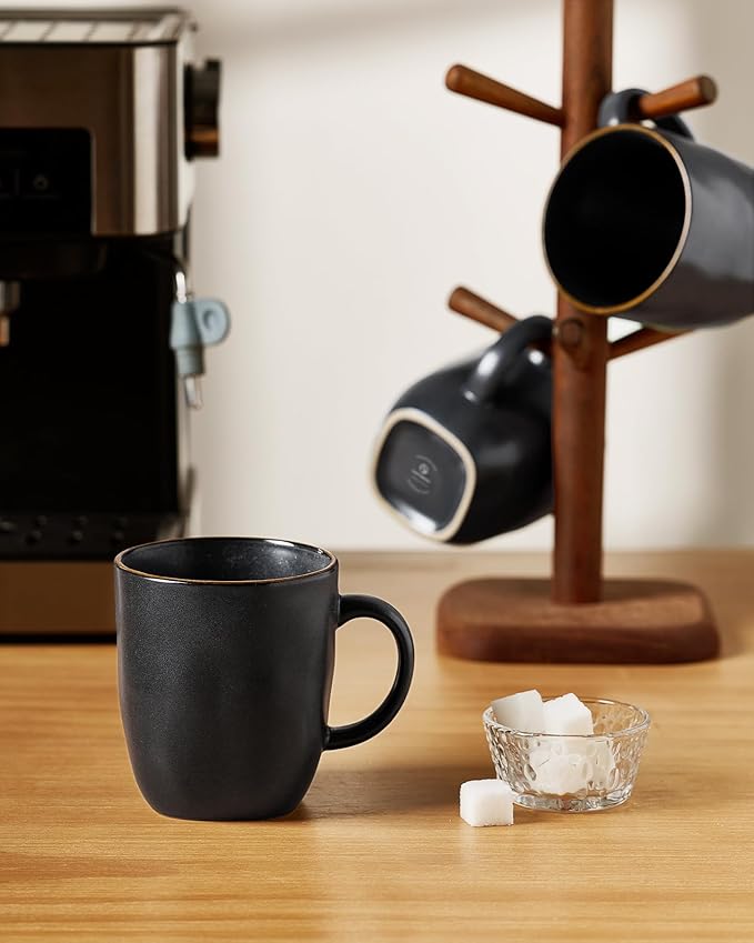 famiware Coffee Mugs Set of 6, Ocean Square 13oz Coffee Cup Set with Handle for Cocoa, Milk, Hot Chocolate, Tea, Water, Stoneware Cups for Kitchen, Microwave and Dishwasher Safe, Matte Black