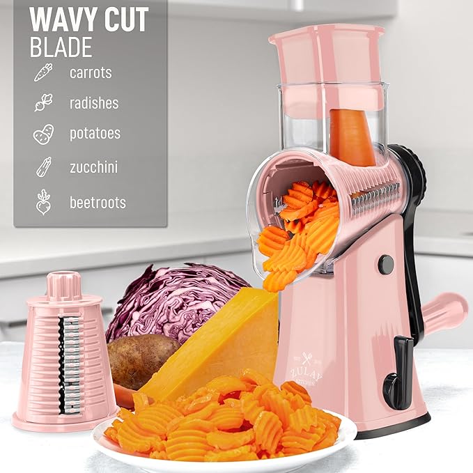 Zulay Kitchen Rotary Cheese Grater 5 Blade Cheese Shredder - Manual Hand Crank Cheese Grater With Reinforced Suction & 5 Interchangeable Drums - Easy to Use, Vegetable Chopper Round Mandoline Slicer