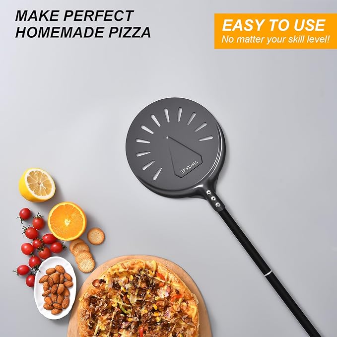 Turning Pizza Peel, 8 Inch with 25 Inch Handle Round Pizza Turning Peel, Professional Anodized Aluminum Turning Pizza Spatula, 33 Inch overall