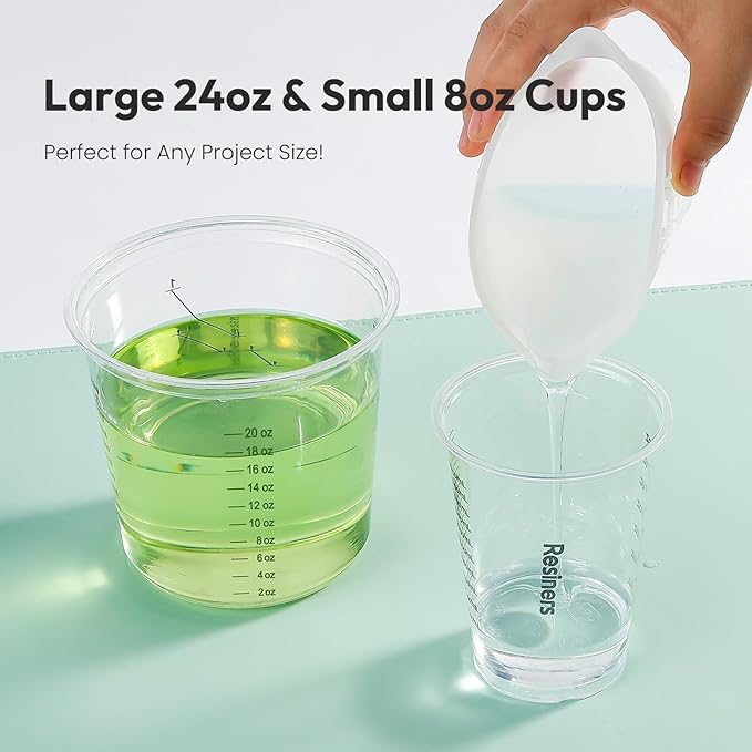 Epoxy Measuring Cups, Resiners 50pcs Resin Mixing Cups for Epoxy Resin, Paint, Crafts Use, with 30 x 24oz & 20 x 8oz Dual Sizes, 50 Mixing Cups, 50 Wooden Sticks, Clear Plastic