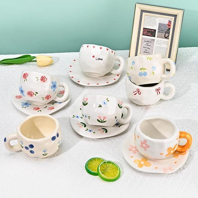 Koythin Ceramic Coffee Mug with Saucer Set, Cute Creative Blueberry Flower Cup Unique Irregular Design for Office and Home, 10 oz/300 ml for Latte Tea Milk