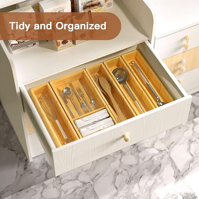 5 pieces Bamboo Drawer Organizer, Adjustable 3 Individual Junk Drawer organizer for Bathroom and Kitchen, Wood Drawer Organier Boxes for Jewellery, Make up and Tea Bag