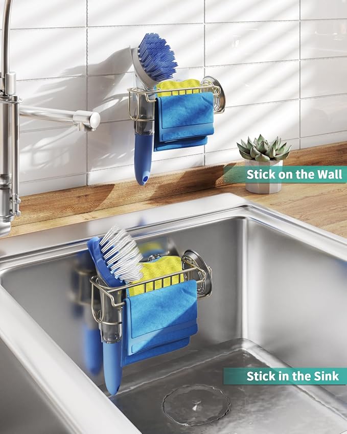 HapiRm Sink Caddy Sponge Holder - No Drill Sponge Holder for Kitchen Sink, Rustproof and Waterproof Kitchen Organizer - Brushed Nickel