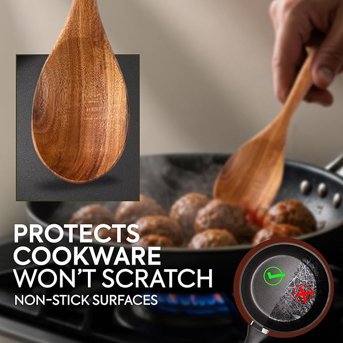 Premium Teak Wooden Spoon for Cooking 12” Long Handle - Cooking Utensils Set for Women & Chefs, Elegant Wooden Kitchen Utensil Set with Rest, Essential Wooden Utensil Set for Kitchen & Perfect Gifts