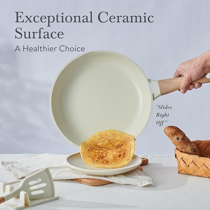 Pots and Pans Set Non Stick Non-Toxic 22 Pcs Ceramic Cookware Sets Nonstick Kitchen Pot&Pan With Lid Cream White Granite Induction Compatible with Glass Lids Crepe Frying Pan PFOA/PFOS-Free