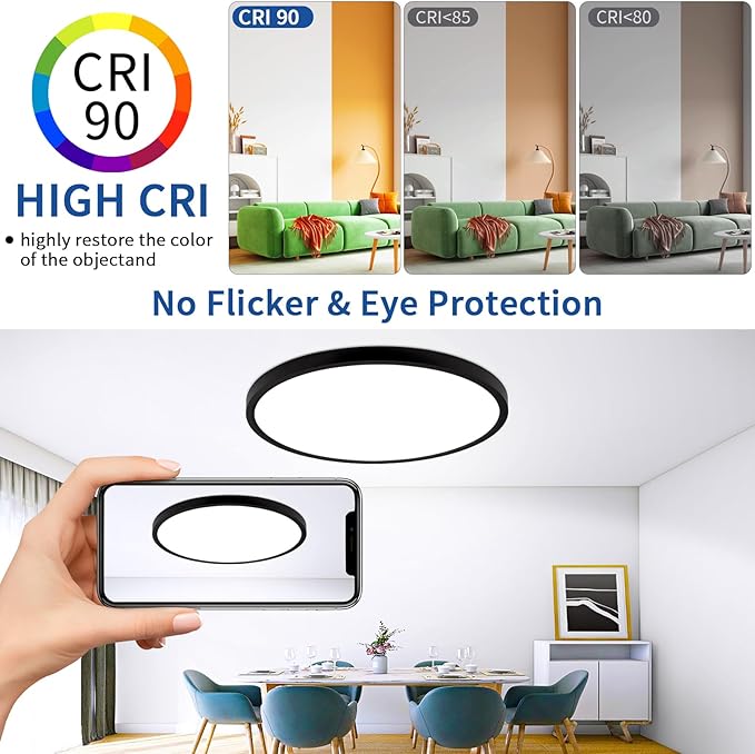 20 Inch Black Led Ceiling Light, Dimmable with Remote Control, Modern, Ultra Thin Flush Mount, Round Light Fixtures, 48W, 4800 Lumen, for Bedroom, Living Room, Kitchen, Dining Room