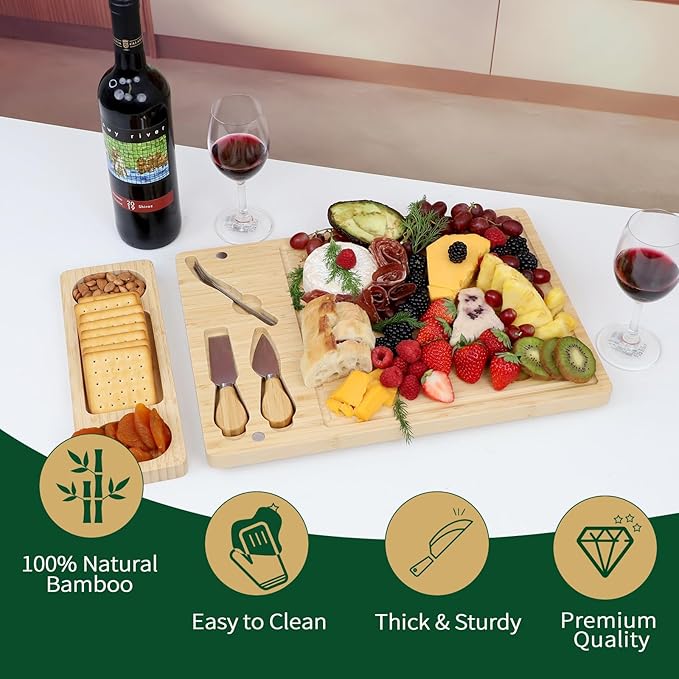 Premium Bamboo Charcuterie/Cheese Board Set – Wooden Serving Tray with Hidden Knife Storage – Cheese Knives & Forks - Perfect Bridal Shower, Housewarming, Anniversary, Mother's Day Gifts