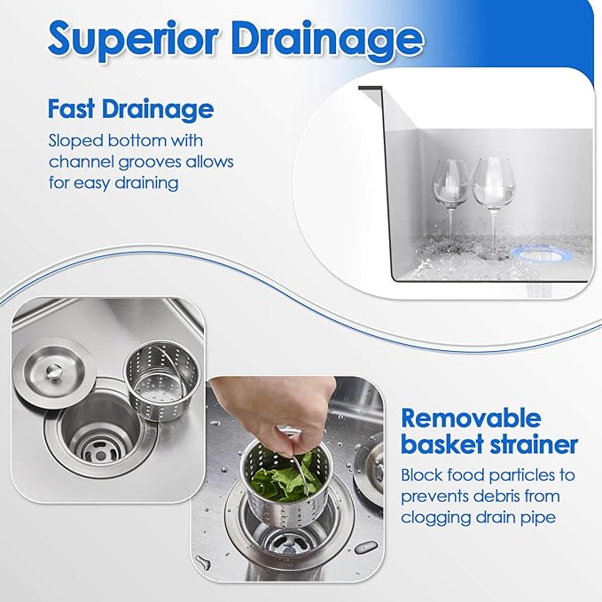 ROVOGO 24x18x9 in. Drop-in Kitchen Sink Single Bowl with Offset Drain Assembly and Bottom Grid, 304 Stainless Steel Handmade Modern Sink 1 Faucet Hole, Top Mount, Brushed