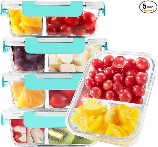 BAYZZ 5 Pack 35 Oz Glass Meal Prep Containers 2 Compartments, Glass Storage Containers with Lids, Airtight Lunch Bento Boxes, BPA-Free, Microwave and Freezer Safe,Green