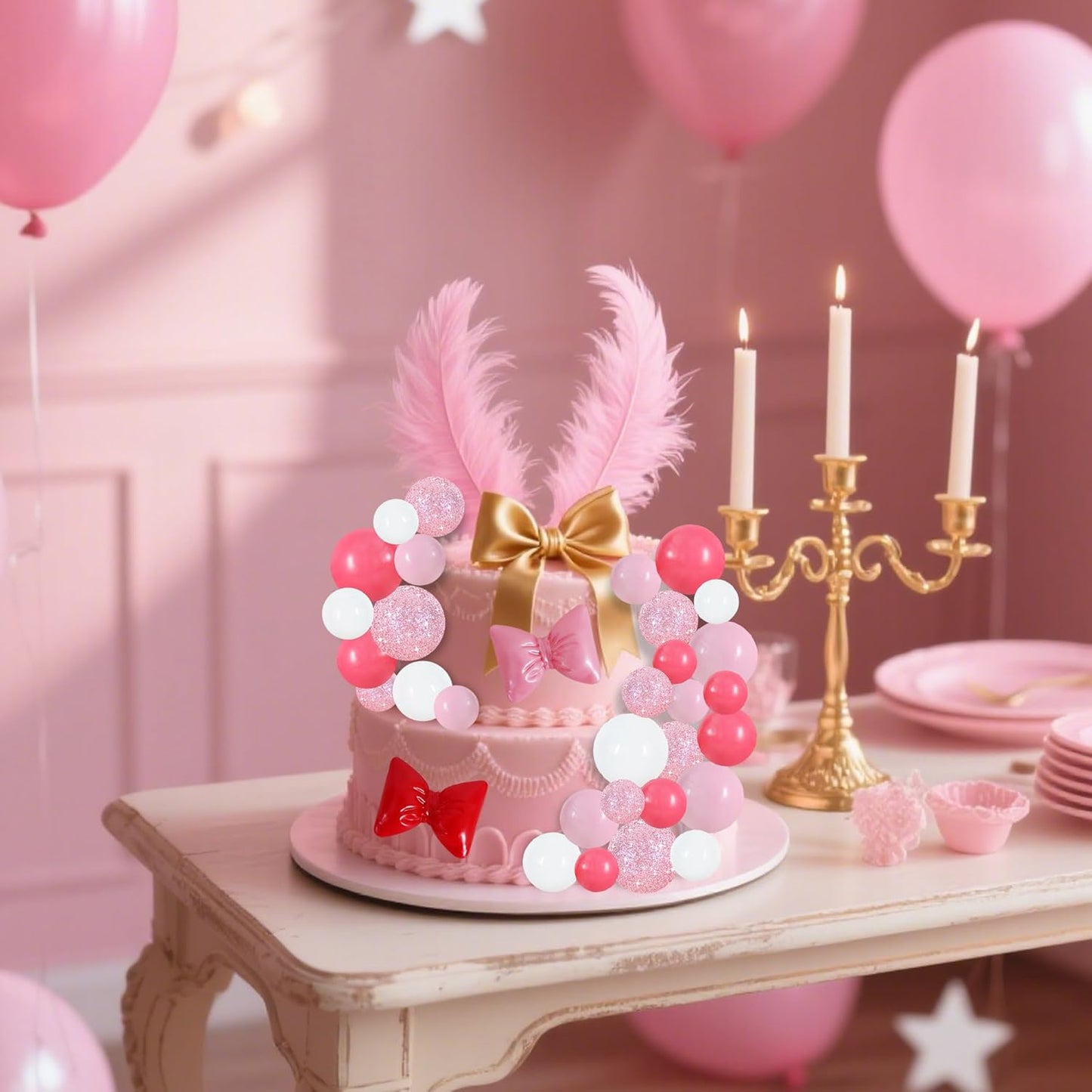BEISHIDA 42 pcs Foam Ball Cake Toppers with Sticks Includes 2 Bow Cake Decor Perfect for Birthday Party Pink&White Theme Party Decor Wedding Anniversary Celebration(Pink, White)