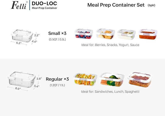 Felli Duo Loc Tritan Containers for Heating Food Microwave Safe Box, Airtight Food Storage for Fridge Freezer, On The Go Lunch Container for Adults for Weekly Meal Plan Picnic Travel (6pk)