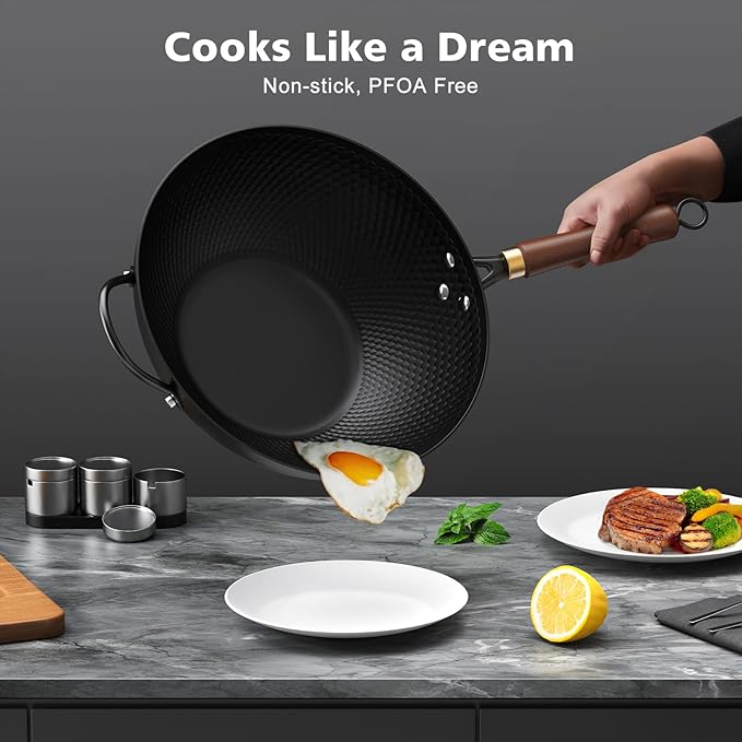 Nonstick Wok, 13-Inch Carbon Steel Wok Pan with Glass Cover, Woks & Stir-Fry Pans for Induction, Electric, Gas, Halogen, All Stoves
