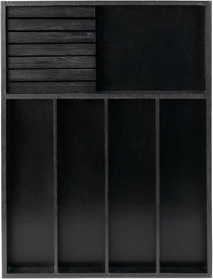 VaeFae Bamboo Silverware Organizer, Utensil Holder for Drawer, Wooden Cutlery Tray with Divider for Kitchen Drawer, Utensil Organizer with Knife Block（Black）