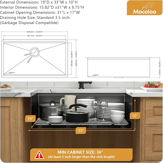 Mocoloo 33 Inch Undermount Kitchen Sink - 33 x 19 Black Stainless Steel Sinks Ledge Workstation 16 Gauge Deep Single Bowl Handmade NANO-PVD Under Counter Gunmetal Black Kitchen Sink