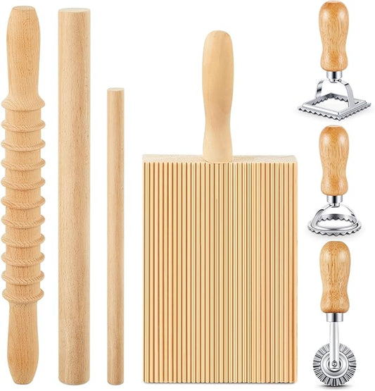 Tioncy 7 Pcs Pasta Making Tool Set Wood Gnocchi Board with Ravioli Stamp Ravioli Maker and Rolling Pin Homemade Gnocco Maker Kitchen Gift for Christmas Baking Lovers(Classic Gnocchi Board Set)