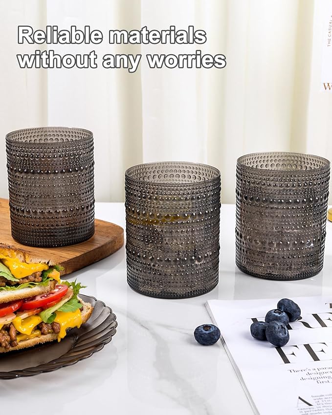 YOUBET 24PCS Plastic Drinking Glasses - 14OZ Black Hobnail Drinkware Glasses - Vintage Glassware Textured Beaded Cups for Water, Beer, Whiskey, Juice and Various Mixed Drinks, halloween