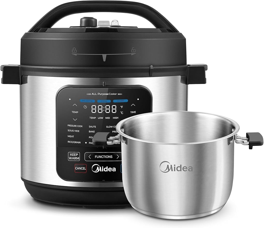 Midea 10-in-1 Electric Pressure Cooker with Slow Cooker, Steamer, Saute, Sous Vide, and Bake Modes, Stovetop & Oven Safe Stainless Steel Pot, 6 Quarts