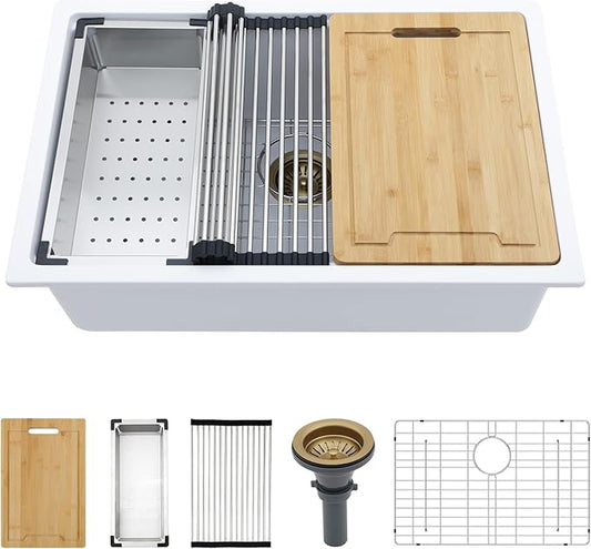 Kichae White Undermount Kitchen Sink 28 inch Granite Composite - 28 x 19 White Kitchen Sink Quartz Workstation Sinks