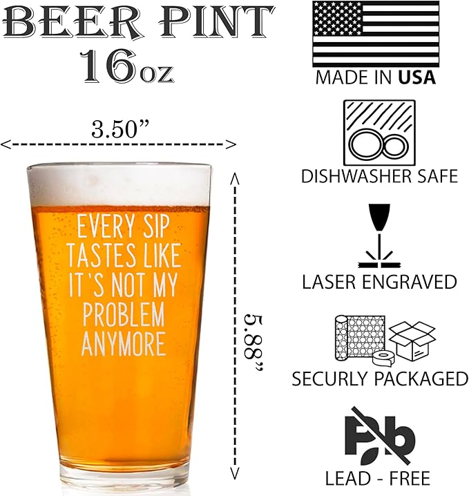 Every Sip Premium 16 oz Beer Pint Glass, Laser Engraved Beer Pint for Retirement, Custom Retirement Gifts, Lead-Free Beer Lover Gift
