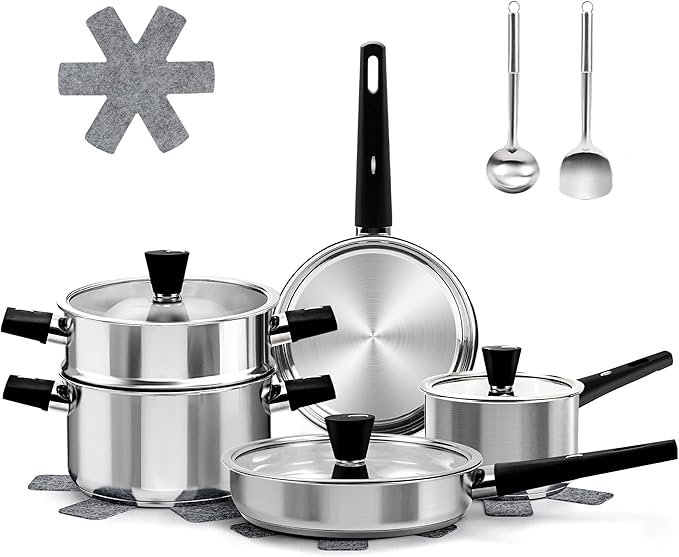 Meythway Stainless Steel Cookware Set Non Toxic, 14PCs Stainless Steel Pots and Pans Set with Stay-Cool Handles, Kitchen Induction Cookware with Steamer, Utensil Sets and Pot Protectors