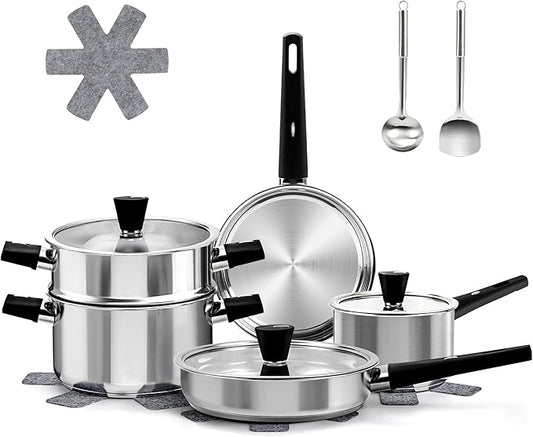 Meythway Stainless Steel Cookware Set Non Toxic, 14PCs Stainless Steel Pots and Pans Set with Stay-Cool Handles, Kitchen Induction Cookware with Steamer, Utensil Sets and Pot Protectors