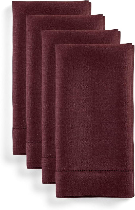 Solino Home Linen Cloth Napkins Set of 4-100% Pure Linen Burgundy Dinner Napkins 20 x 20 Inch for Fall, Autumn, Thanksgiving, Christmas, Winter - Classic Hemstitch, Handcrafted and Machine Washable