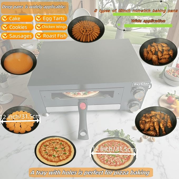 12 Inch Electric Pizza Oven Indoor, Countertop Pizza Oven with Visual Window, Commercial Pizza Maker with Removable Handle, Stainless Steel Pizza Cooker (Black)