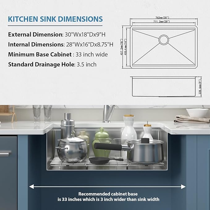 30 Inch Undermount Kitchen Sink 30x18 Workstation Undermount Sink Stainless Steel 16 Gauge Single Bowl Under Counter with Accessories