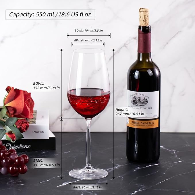 KAMMAK Wine Glasses Set of 2, 18.6 oz Hand Blown Crystal Bordeaux Wine Glasses, Thin Rim & Long Stem, Perfect for Red & White, Daily Use, Wedding Anniversary or Birthday Gift with Gift Box, Leggy