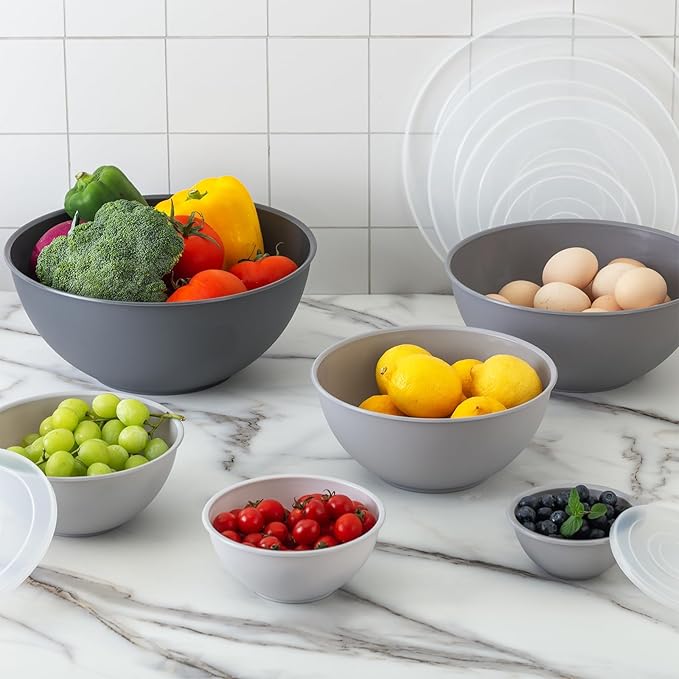 COOK WITH COLOR Plastic Nesting Mixing Bowls Set - 12 Piece includes 6 Prep Bowls and 6 Lids, Microwave Safe (Gray Ombre)