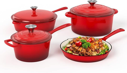 MAISON ARTS Enamel Cast Iron 7 Piece Cookware Set, Heavy Duty Dutch Ovens Pot with Lid, Red Non Stick Pots and Pans Sets, Oven Safe up to 500°F