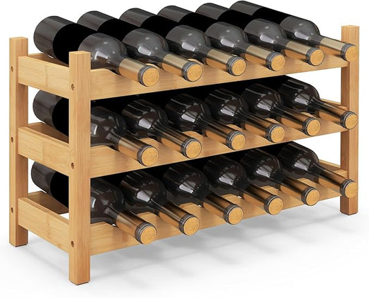 COSTWAY 3-Tier Bamboo Wine Rack, 18-Bottle Tabletop Wine Holder with Wave Slot, Freestanding Countertop Wine Bottle Organizer for Kitchen, Pantry, Pub & Wine Cellar, Natural