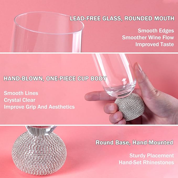 Champagne Flutes set of 4,Stemless Wedding Champagne Glasses,Unbreakable Crystal Fancy Mimosa Glasses,10 Oz Short Handle Champagne Flutes,for Engagement,Bachelorette Party,Birthday(Silver Pink)