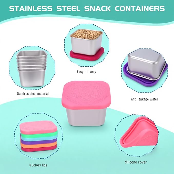 6Pack Stainless Steel Snack Containers for Kids, 6oz Easy Open Leak Proof Small Food Storage Container with Silicone Lids, Stackable Metal Toddler Lunch Box for Daycare, School and Travel