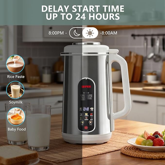 8 in 1 Nut Milk Maker Machine, Stainless Steel Automatic Nut Milk Maker, Delay Start & Keep Warm & Boil Water & Low Noise & Self-Clean, Soy Milk Maker for Almond, Oat, Juice, Coconut