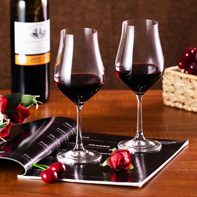 KAMMAK Wine Glasses Set of 2, 11.4 oz Hand Blown Crystal Bordeaux Wine Glasses, Thin Rim & Long Stem, Perfect for Red & White, Daily Use, Wedding Anniversary or Birthday Gift with Gift Box, Tulip
