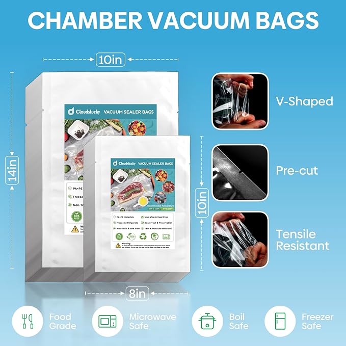 Chamber Vacuum Sealer Bags,8"x10" 200 Pcs Pre-cut Chamber Machine Pouches,Heavy Duty Chamber Vacuum Bags for Commercial Sealer,Food Storage,Meal Prep,Sous Vide,Meat Cheese Goods, BPA Free