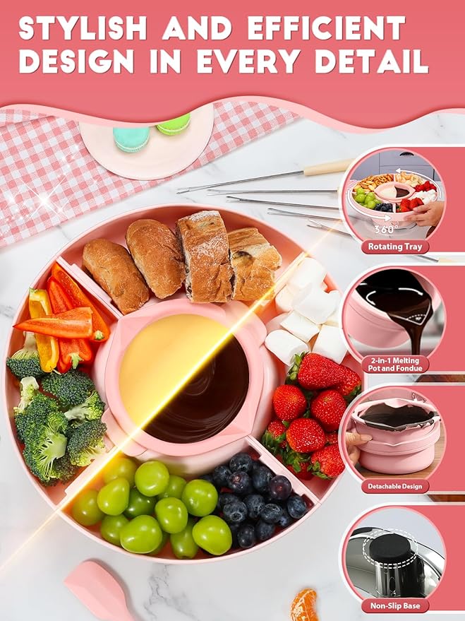 Chocolate Fondue Pot Set Electric Melting Machine, 4-Cup Capacity 4 Trays 5 Forks 1 Spatula Cheese Warmer, Ideal Gift for Couple Family & Date Night Idea House Warming Holidays Essentials