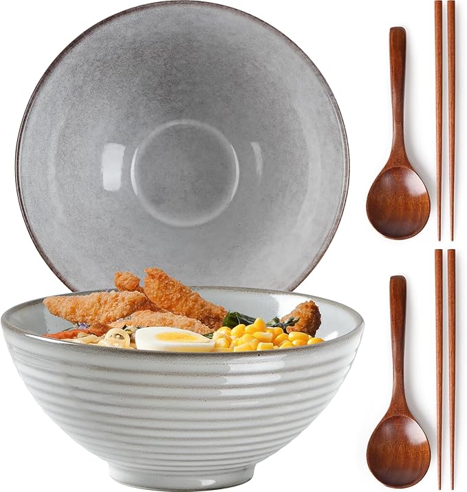 NUTRIUPS Set of 2 Ceramic Ramen Bowls with Spoons & Chopsticks, 40oz Large Soup Bowls for Udon, Miso, Noodles (Classic Stone Gray)